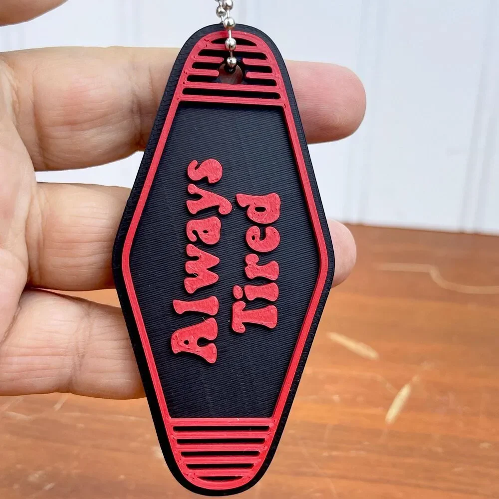 Retro Motel Keychain, Always Tired, Ballchain Keychain, Red and Black